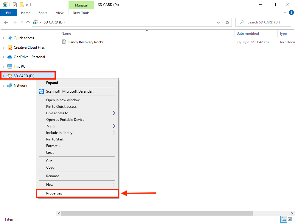 Windows file explorer window showing right-click menu on the SD card in the sidebar, and a pointer towards the Properties button