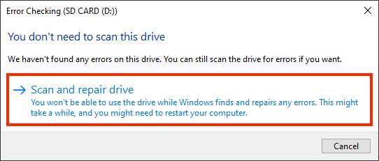 Error Checking confirmation dialogue box with an outline highlighting the Scan and Repair Drive button
