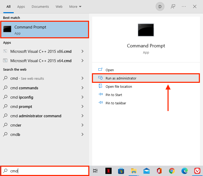 Windows start menu with outlines highlighting the search bar, the Command Prompt app, and the Run as administrator button