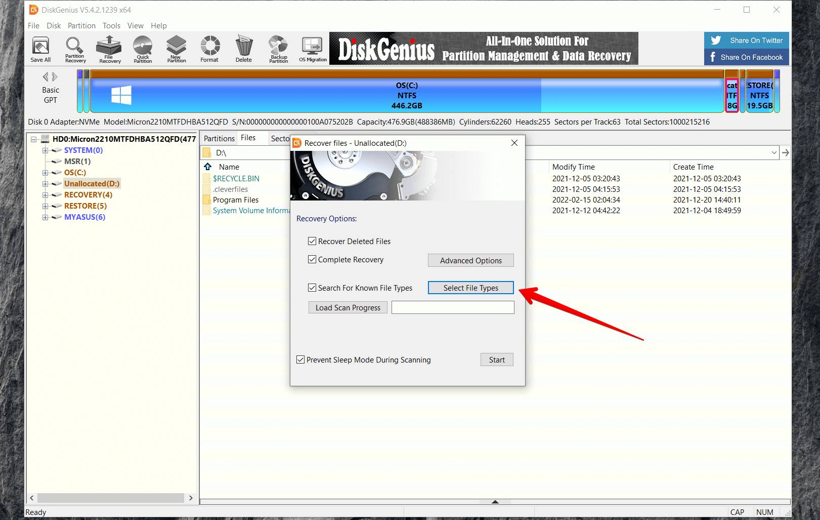 DiskGenius select file type