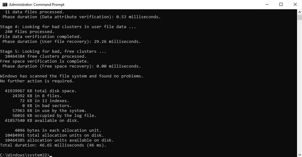 CHKDSK command output