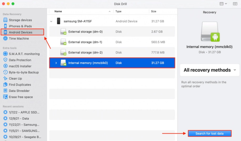 Android drive selected on Disk Drill window