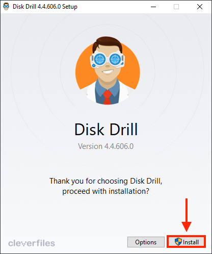 Disk Drill setup window with a pointer towards the Install button