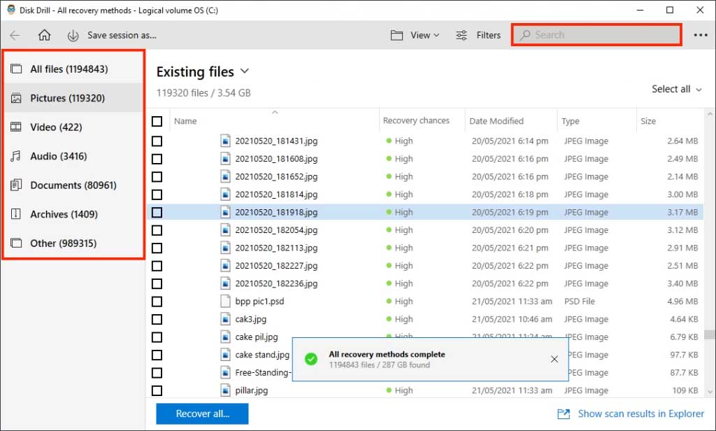 Disk Drill results window with outlines highlighting the search bar and the navigation sidebar