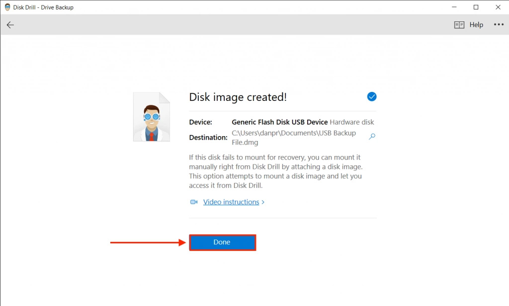 Disk Drill byte-to-byte image completion confirmation window