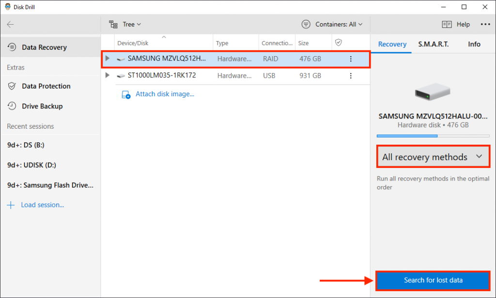 Disk Drill drive selection window, with outlines highlighting an external drive, the recovery method selection dropdown, and the search for lost data button