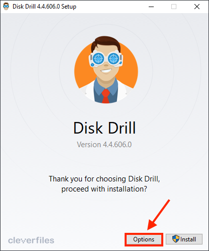 Disk Drill initial setup window with a pointer towards the options button