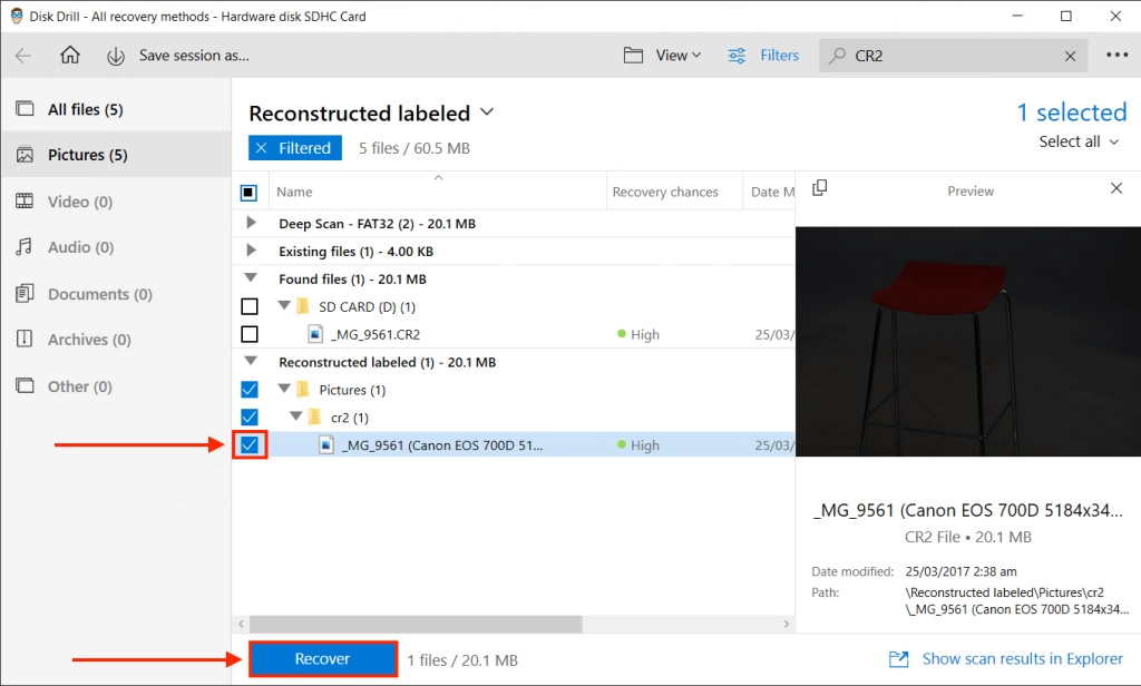 Disk Drill file selection screen