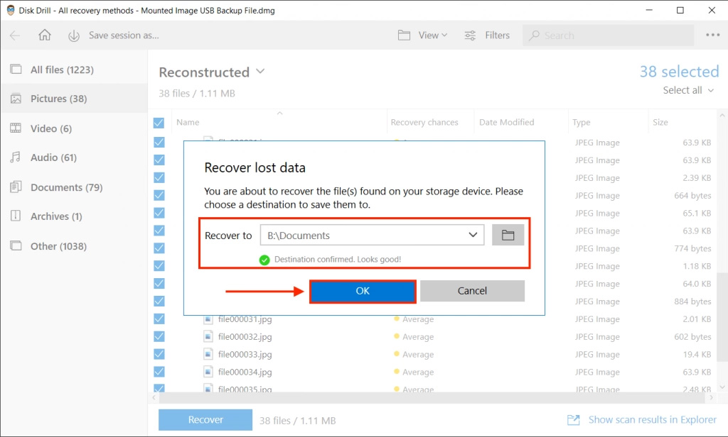 Disk Drill save recovered files dialogue box