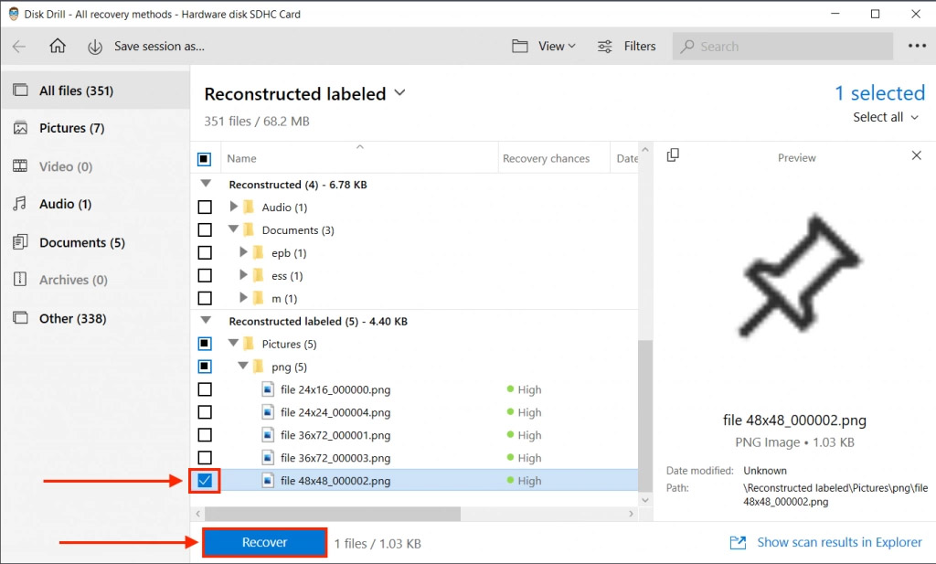 Disk Drill selected files to recover