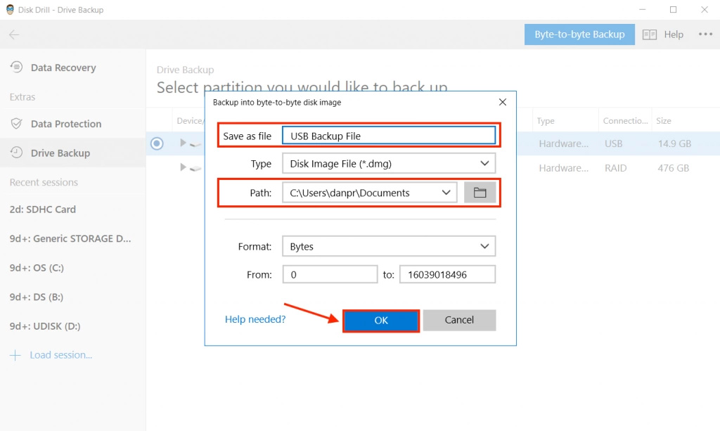 Disk Drill backup drive selection window