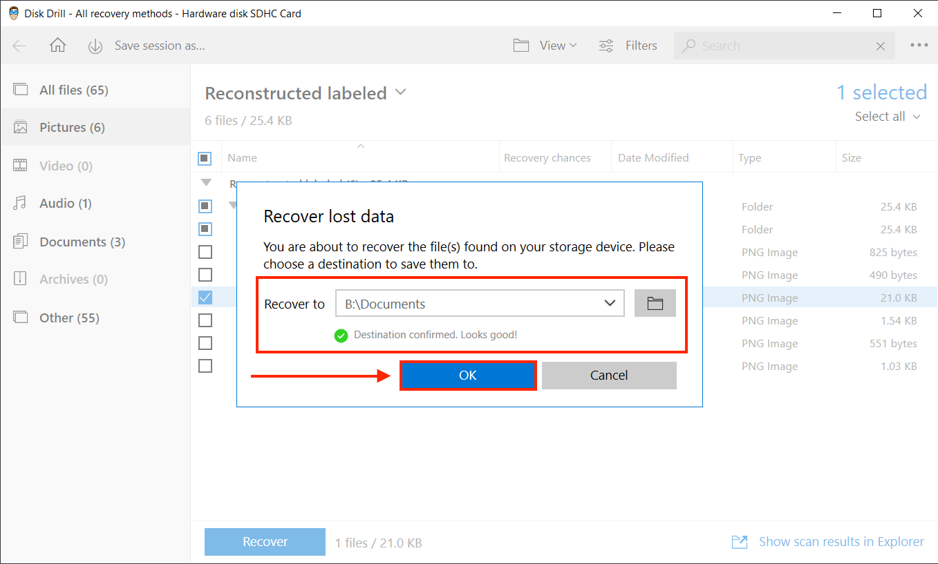 Disk Drill save file destination dialogue box