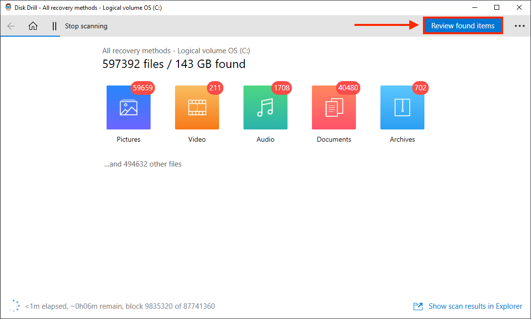 Disk Drill window showing scan progress with an outline highlighting the Review Found Items button