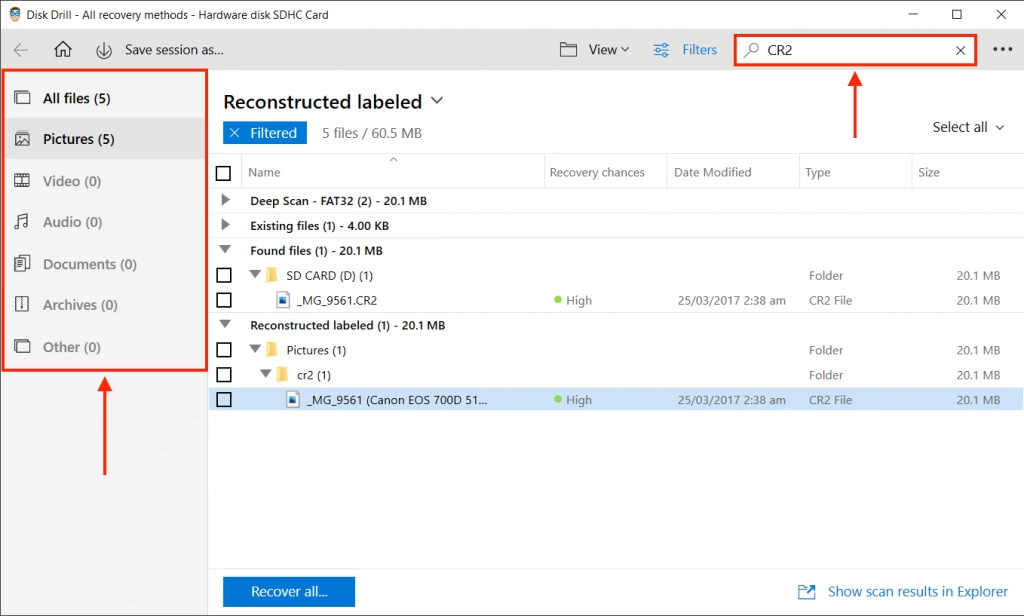 Disk Drill search bar and navigational sidebar