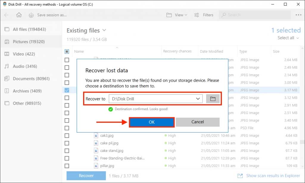 Disk Drill destination selection dialogue box, with outlines highlighting the folder selection buttons and the OK button