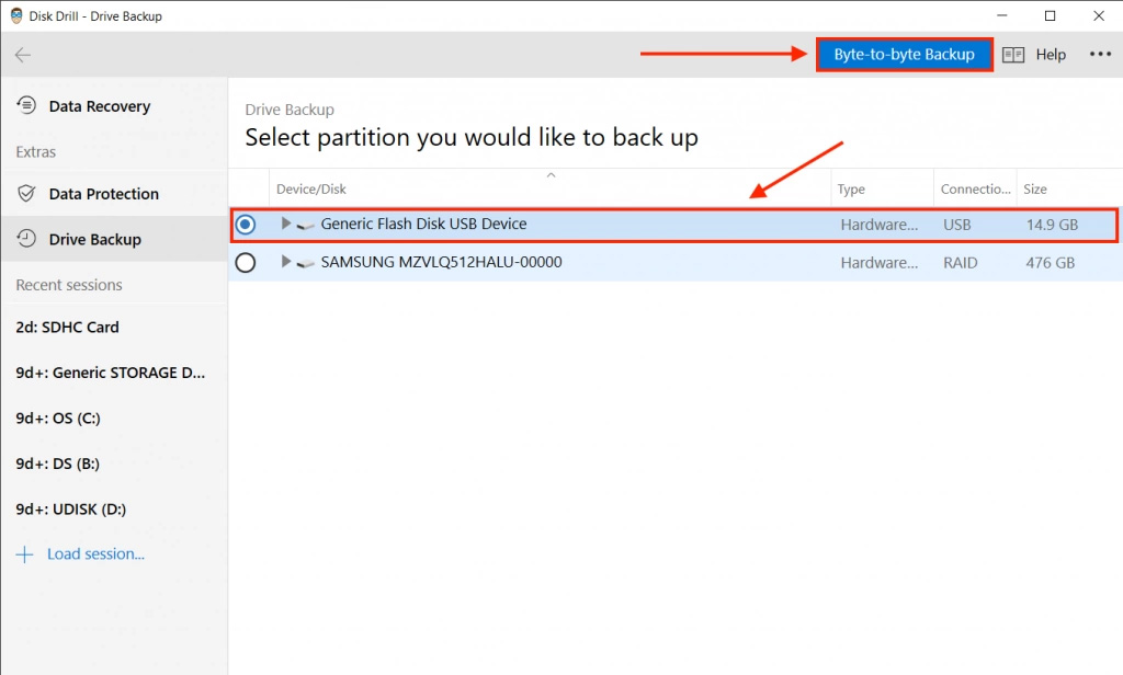 Disk Drill backup drive selection window