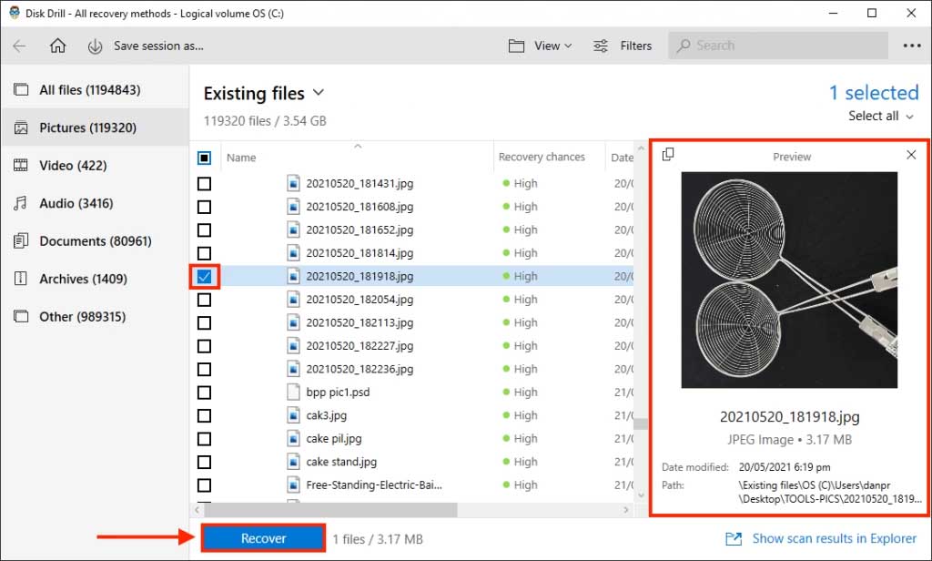 Disk Drill results window with outlines highlighting the preview sidebar, a file's selection checkbox, and the recover button