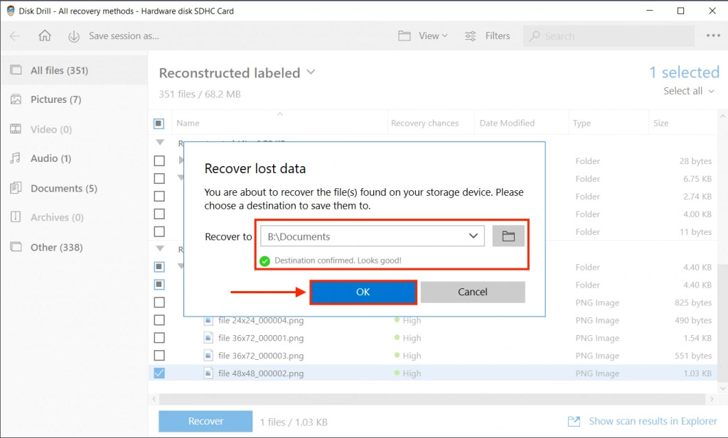 Disk Drill file destination dialogue box