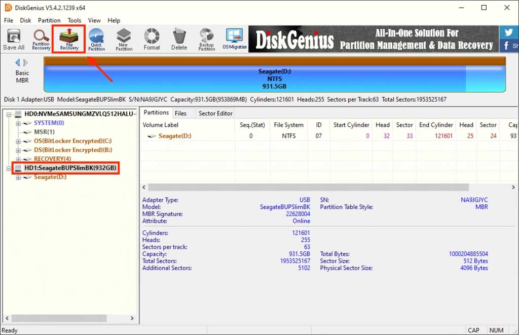 DiskGenius drive selection window with outlines highlighting a drive, and the File Recovery button