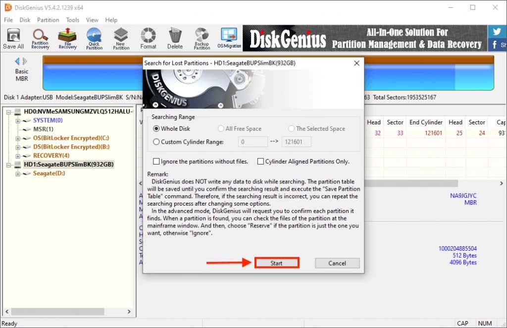 DiskGenius Search for Lost Partitions dialogue box, with a pointer towards the start button
