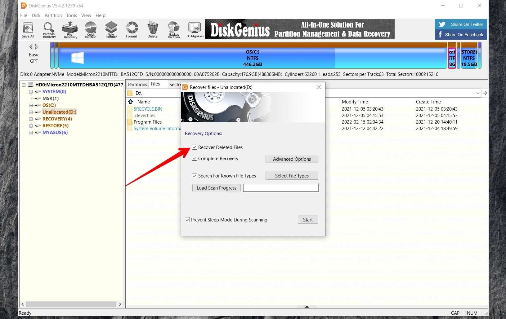 DiskGenius tick mark recover deleted files