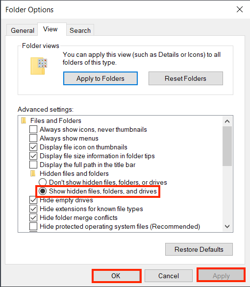 Folder Options dialogue box