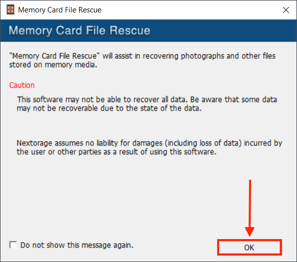 Memory Card File Rescue recovery disclaimer window