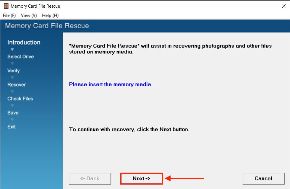 Memory Card File Rescue initial recovery window