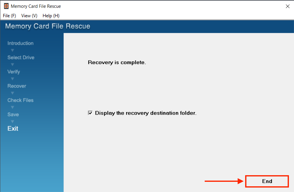 Memory Card File Rescue recovery complete window