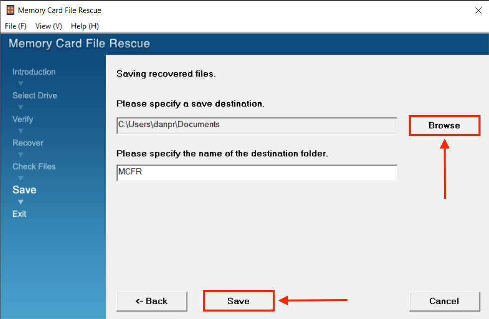 Memory Card File Rescue save file destination dialogue box