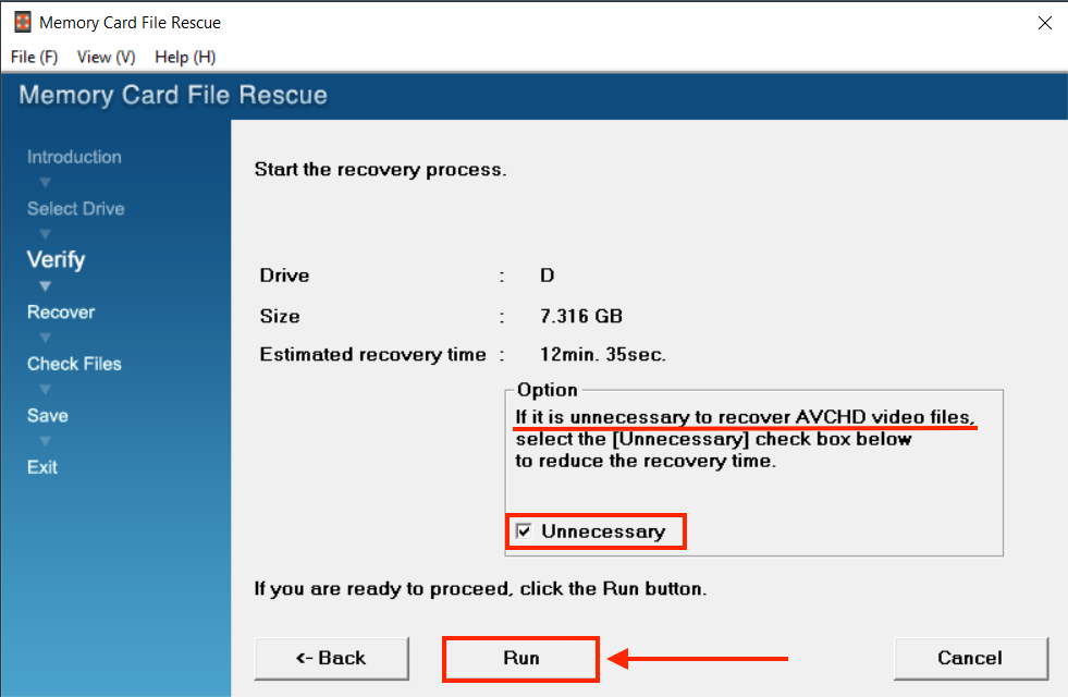 Memory Card File Rescue confirm run recovery