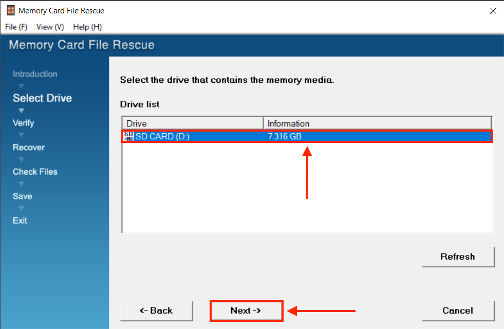 Memory Card File rescue drive selection window