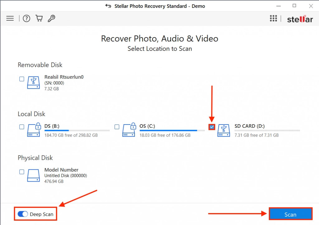 Stellar Photo Recovery drive selection screen