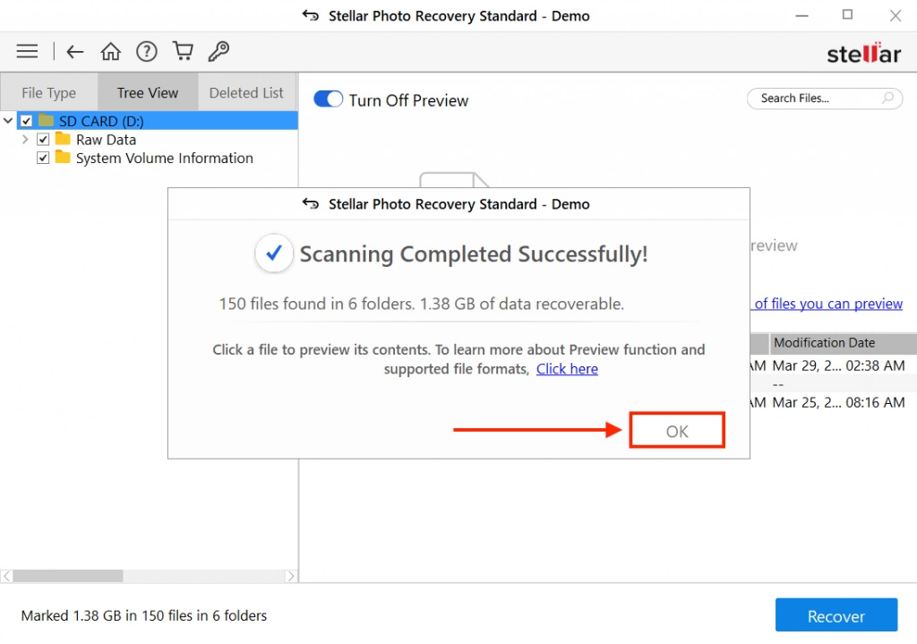 Stellar Photo Recovery scan complete dialogue
