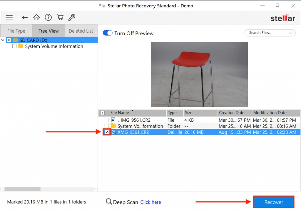Stellar Photo Recovery file selection screen