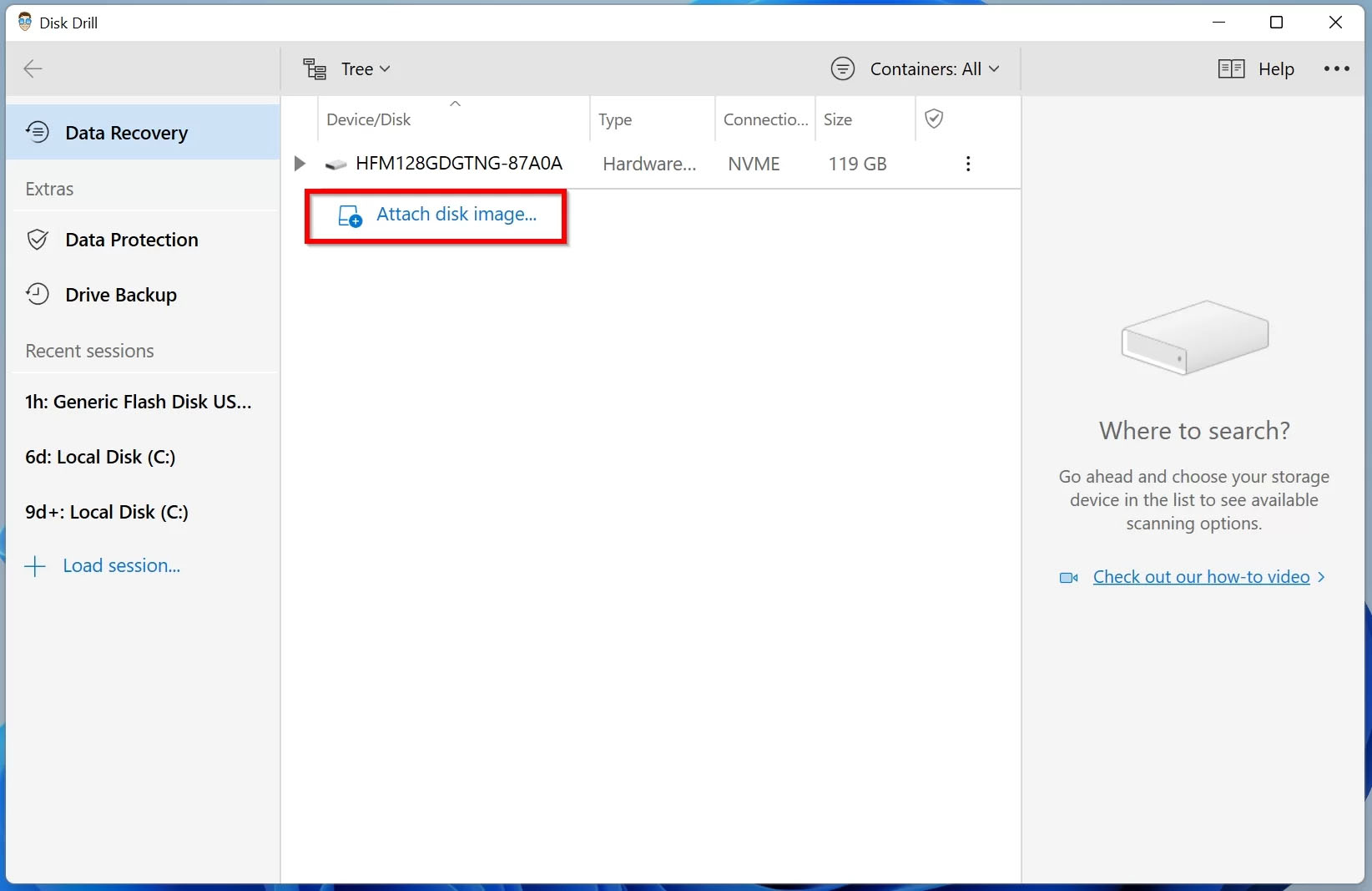 The Attach Disk Image option in Disk Drill.