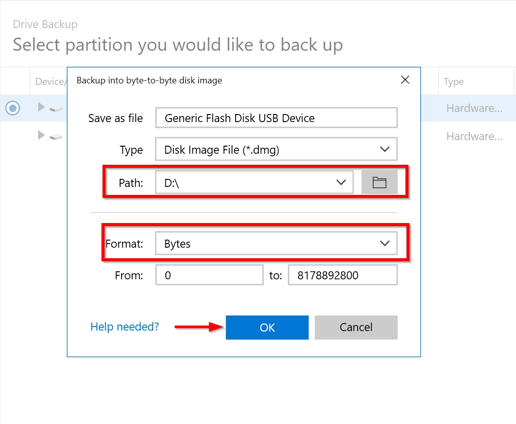 Byte-to-byte backup options in Disk Drill.