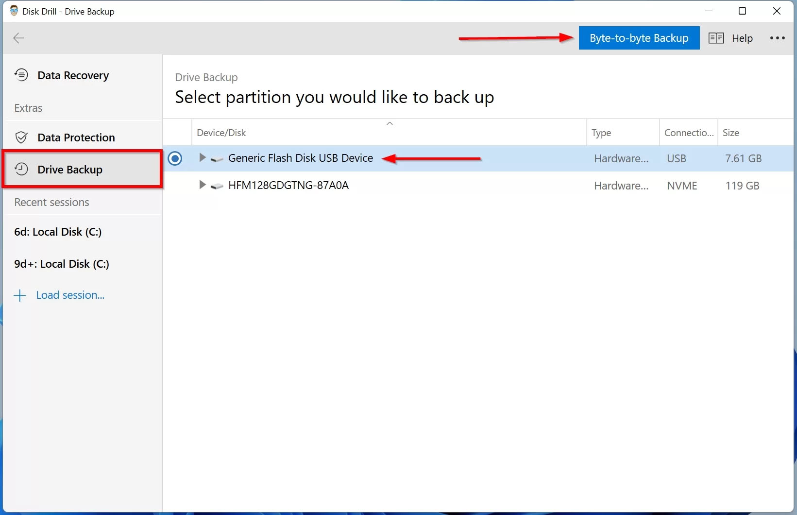 The Backup option screen in Disk Drill.