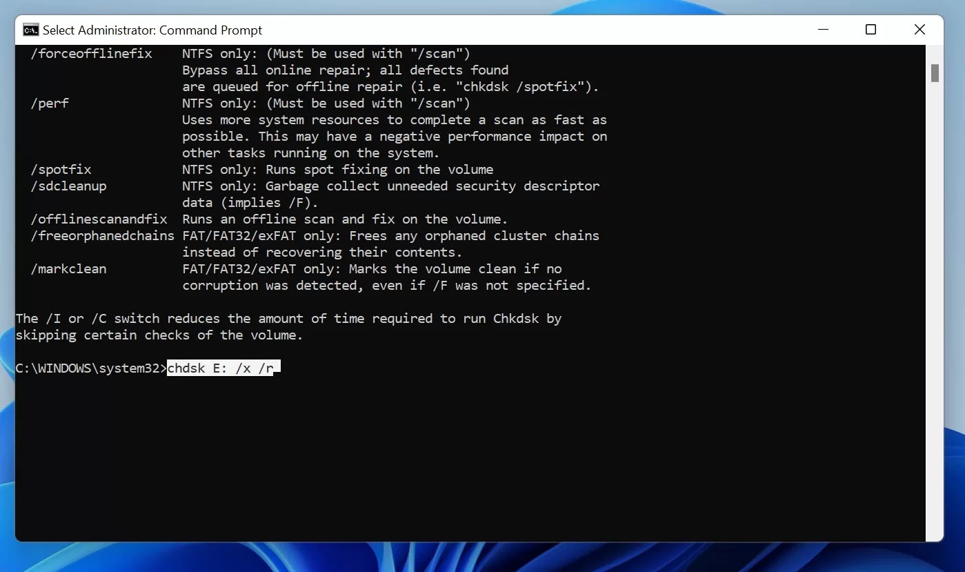 The CHKDSK command in Windows Command Prompt.