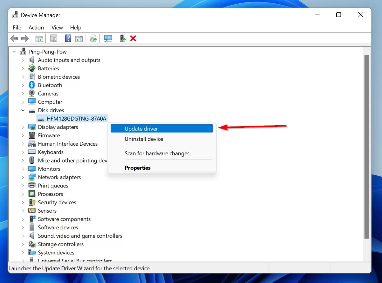 Update driver option in Device Manager.