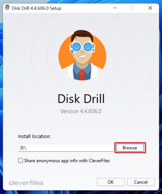 Install location during the Disk Drill setup.