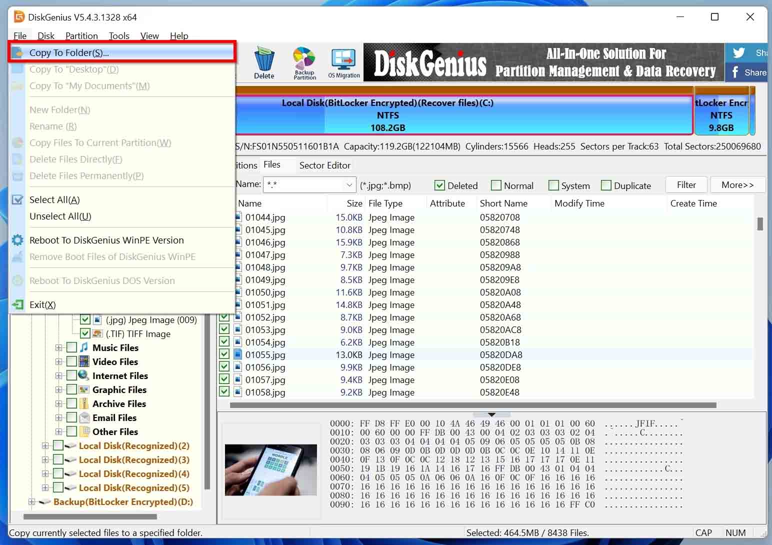 DiskGenius file recovery results screen.