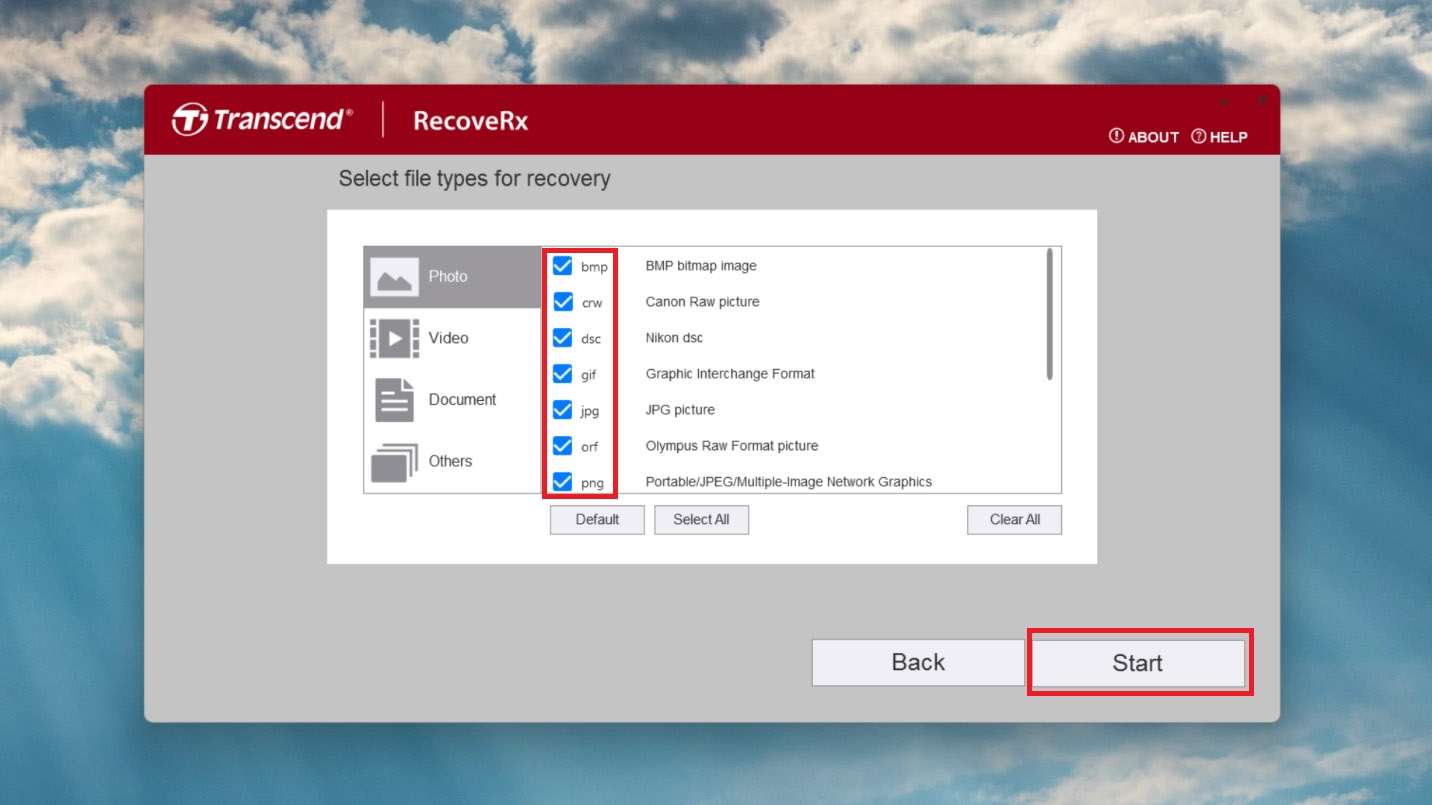 selecting file types for recovery scanning