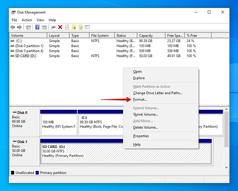 Choosing to format the SD card.