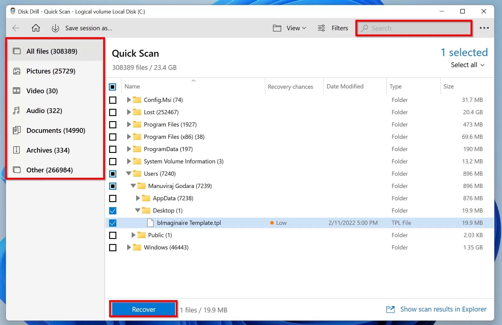 File recovery page in Disk Drill.