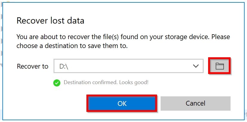 File recovery destination in Disk Drill.