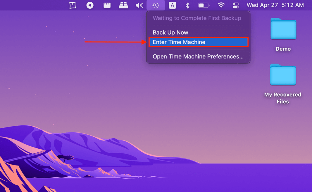 Time Machine button in the Apple menu bar