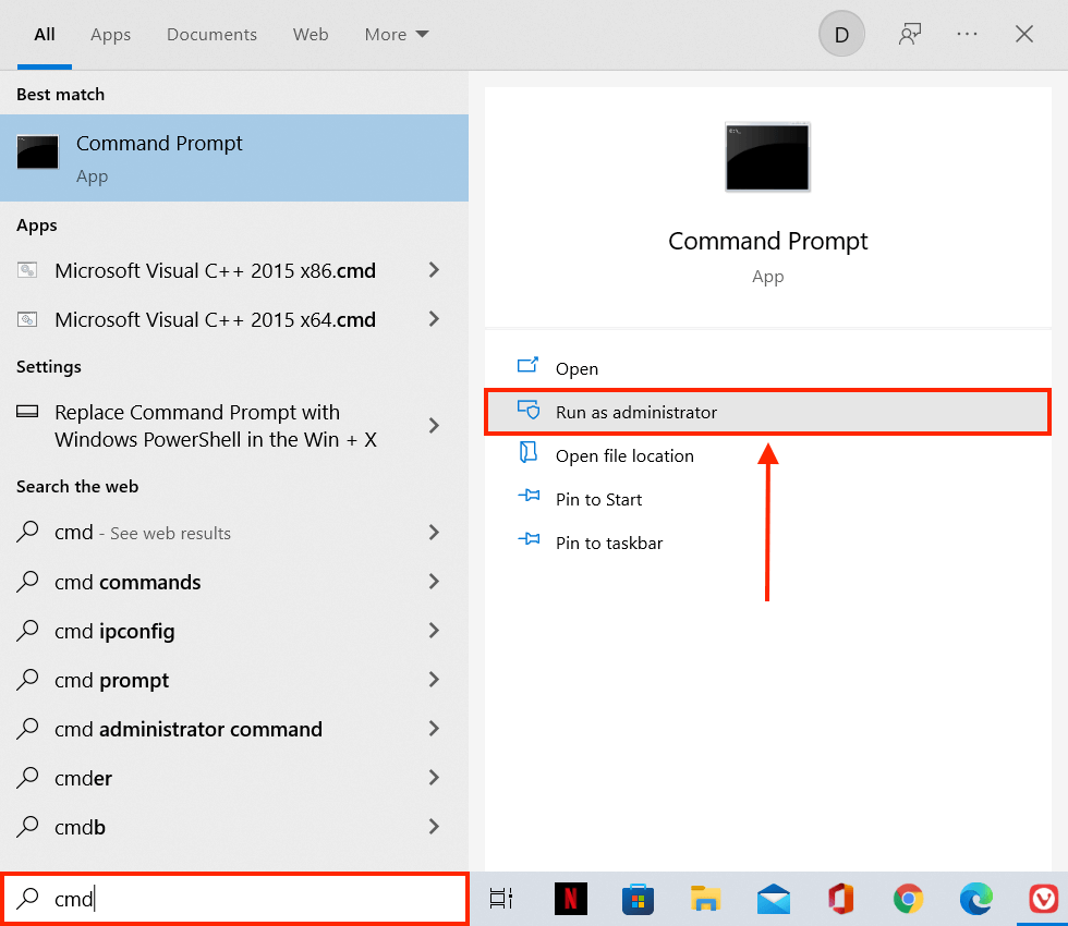 Command Prompt in Windows Start Menu