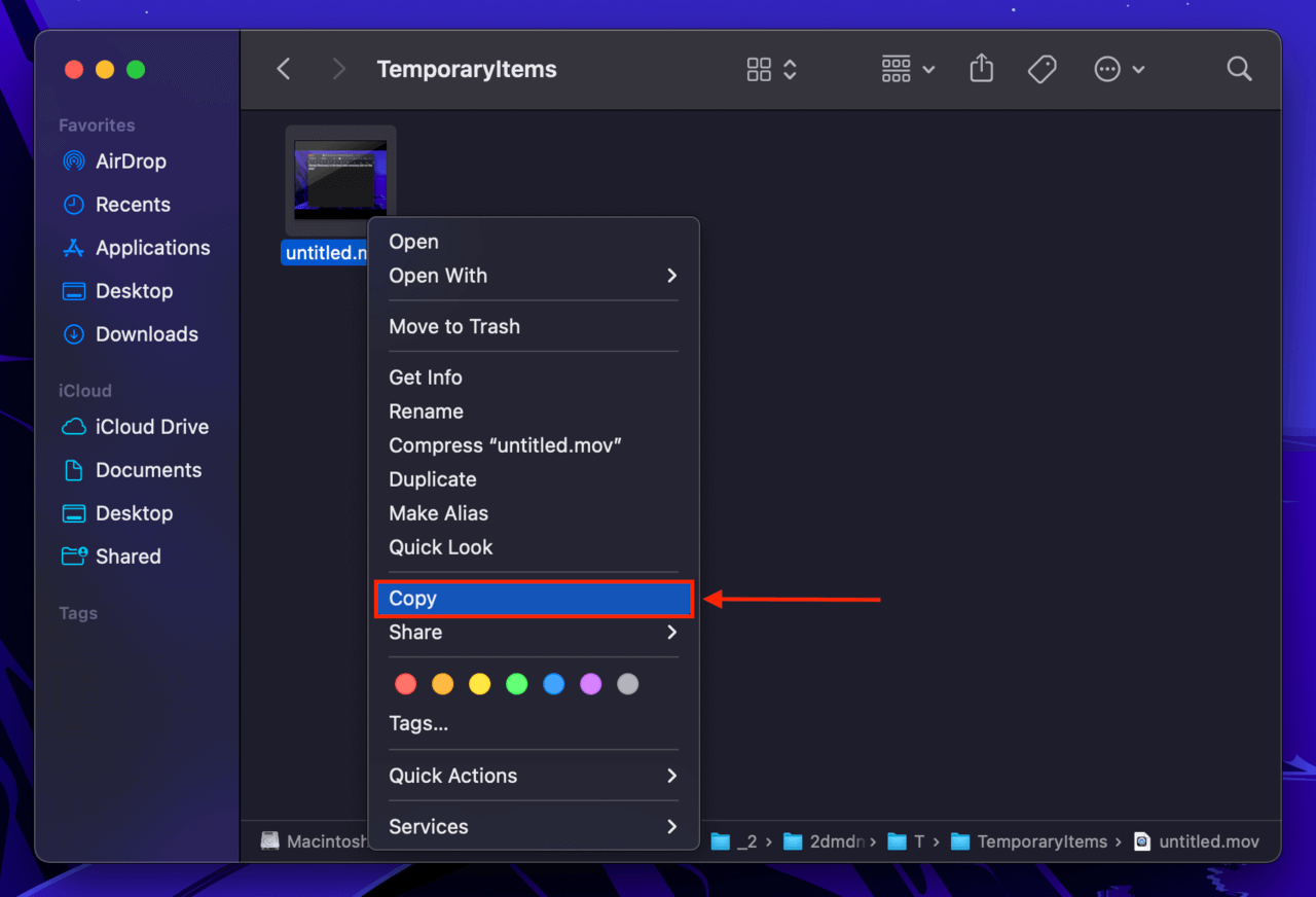 QuickTime recording in the macOS Temporary Folder