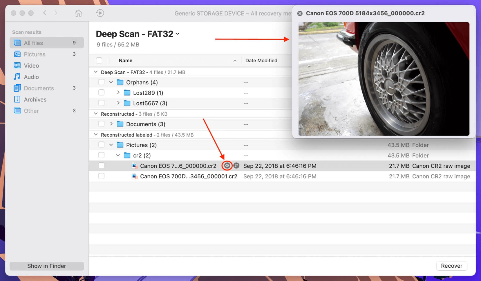 Disk Drill RAW CR2 photo preview